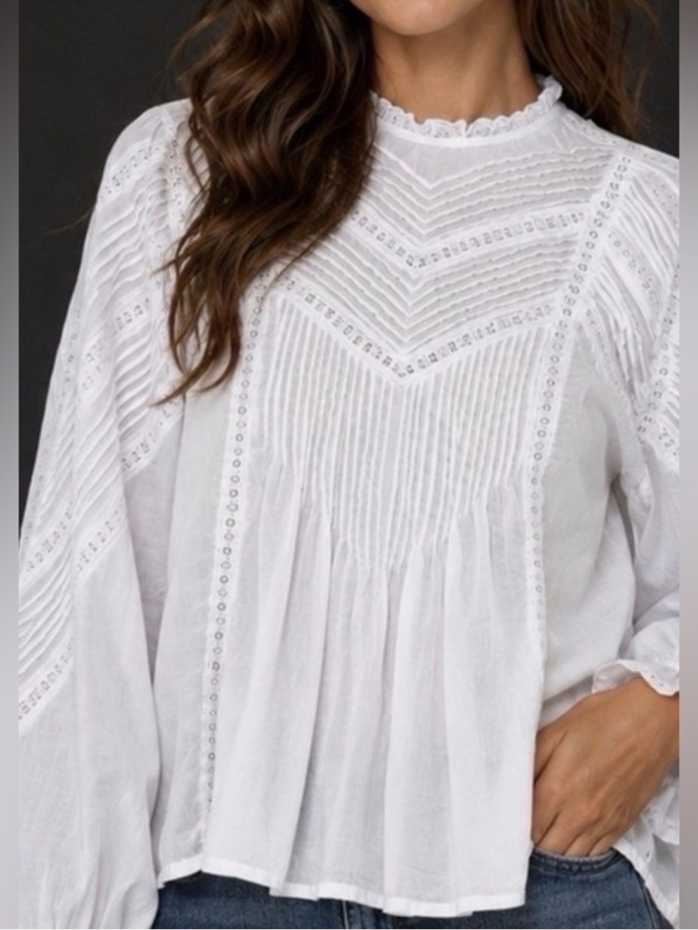 J Crew White Lace-Trim Pintuck High-Neck Blouse